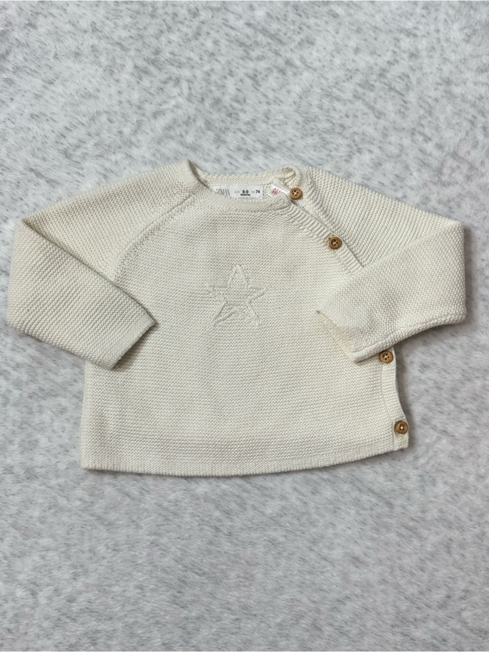 Zara Baby Cream Knit Star Sweater 6-9M Side Button Cotton Ivory Neutral Cozy
